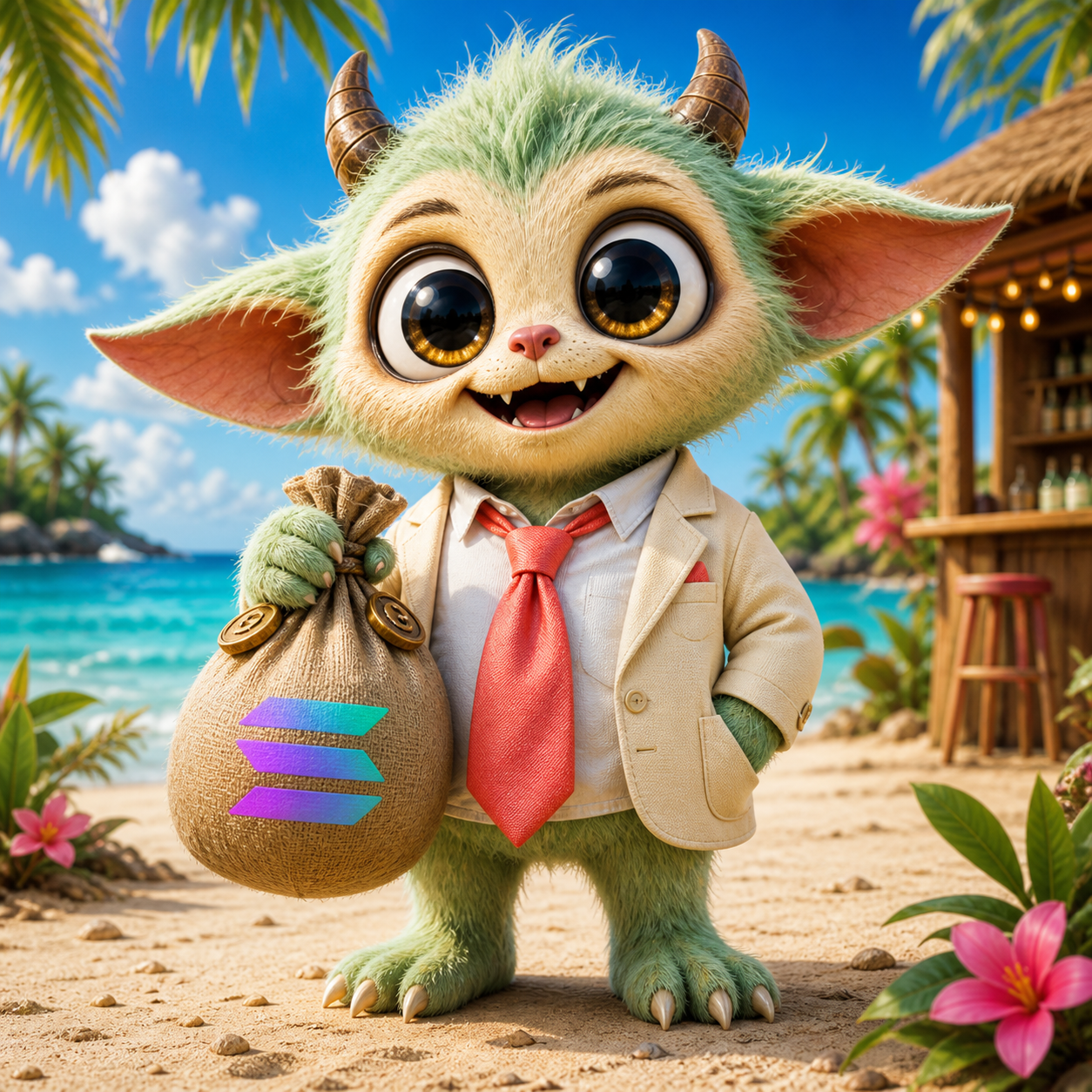 Grifty on the beach in a tiny cream suit, holding a Solana moneybag